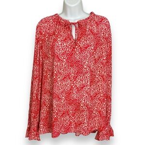 LOFT Patterned Blouse NWT Rayon Tie Neck Ruffle Flounce Floral Long Sleeve Large